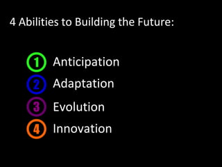 4 Abilities to Building the Future:


     1   Anticipation
     2   Adaptation
     3   Evolution
     4   Innovation
 