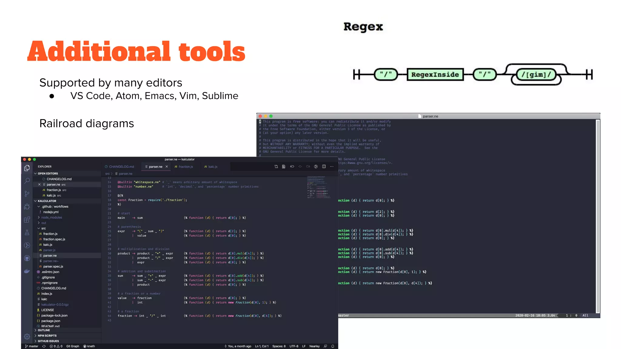 Additional tools
Supported by many editors
● VS Code, Atom, Emacs, Vim, Sublime
Railroad diagrams
 