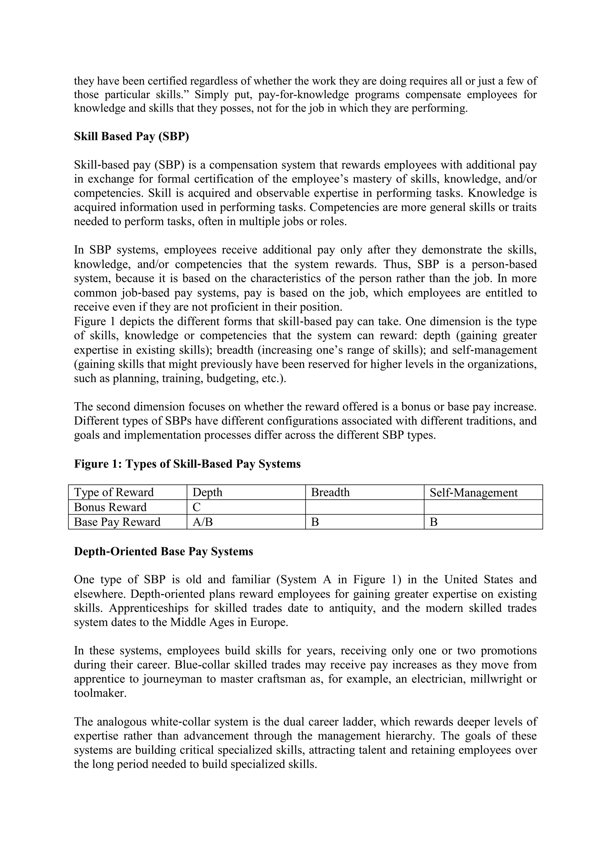 they have been certified regardless of whether the work they are doing requires all or just a few of
those particular skills.” Simply put, pay-for-knowledge programs compensate employees for
knowledge and skills that they posses, not for the job in which they are performing.
Skill Based Pay (SBP)
Skill‐based pay (SBP) is a compensation system that rewards employees with additional pay
in exchange for formal certification of the employee’s mastery of skills, knowledge, and/or
competencies. Skill is acquired and observable expertise in performing tasks. Knowledge is
acquired information used in performing tasks. Competencies are more general skills or traits
needed to perform tasks, often in multiple jobs or roles.
In SBP systems, employees receive additional pay only after they demonstrate the skills,
knowledge, and/or competencies that the system rewards. Thus, SBP is a person‐based
system, because it is based on the characteristics of the person rather than the job. In more
common job‐based pay systems, pay is based on the job, which employees are entitled to
receive even if they are not proficient in their position.
Figure 1 depicts the different forms that skill‐based pay can take. One dimension is the type
of skills, knowledge or competencies that the system can reward: depth (gaining greater
expertise in existing skills); breadth (increasing one’s range of skills); and self‐management
(gaining skills that might previously have been reserved for higher levels in the organizations,
such as planning, training, budgeting, etc.).
The second dimension focuses on whether the reward offered is a bonus or base pay increase.
Different types of SBPs have different configurations associated with different traditions, and
goals and implementation processes differ across the different SBP types.
Figure 1: Types of Skill‐Based Pay Systems
Type of Reward Depth Breadth Self‐Management
Bonus Reward C
Base Pay Reward A/B B B
Depth‐Oriented Base Pay Systems
One type of SBP is old and familiar (System A in Figure 1) in the United States and
elsewhere. Depth‐oriented plans reward employees for gaining greater expertise on existing
skills. Apprenticeships for skilled trades date to antiquity, and the modern skilled trades
system dates to the Middle Ages in Europe.
In these systems, employees build skills for years, receiving only one or two promotions
during their career. Blue-collar skilled trades may receive pay increases as they move from
apprentice to journeyman to master craftsman as, for example, an electrician, millwright or
toolmaker.
The analogous white‐collar system is the dual career ladder, which rewards deeper levels of
expertise rather than advancement through the management hierarchy. The goals of these
systems are building critical specialized skills, attracting talent and retaining employees over
the long period needed to build specialized skills.
 