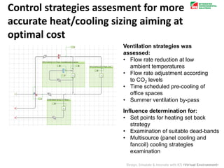 Control strategies assesment for more
accurate heat/cooling sizing aiming at
optimal cost
Ventilation strategies was
assessed:
• Flow rate reduction at low
ambient temperatures
• Flow rate adjustment according
to CO2 levels
• Time scheduled pre-cooling of
office spaces
• Summer ventilation by-pass
Influence determination for:
• Set points for heating set back
strategy
• Examination of suitable dead-bands
• Multisource (panel cooling and
fancoil) cooling strategies
examination
 
