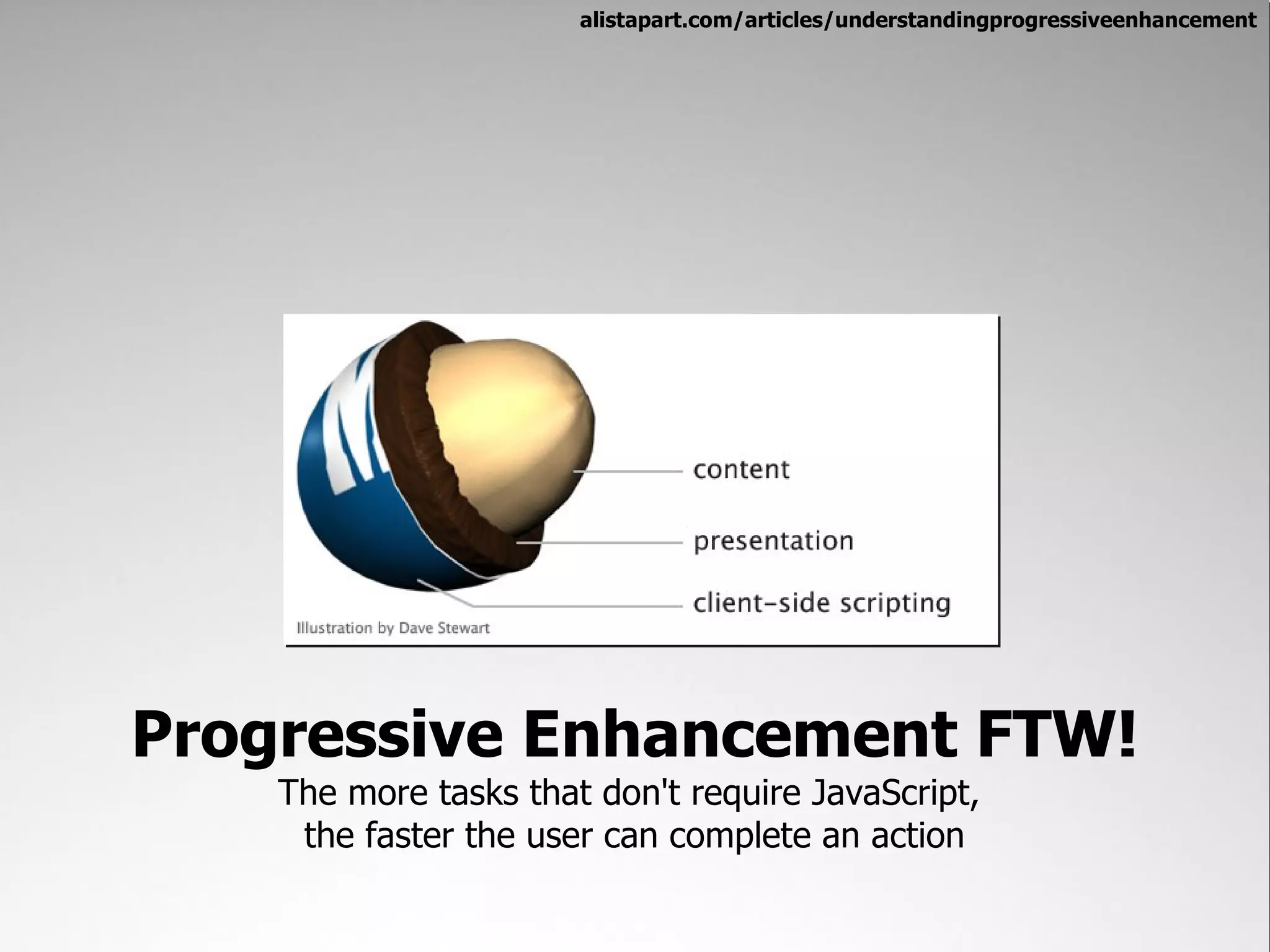 alistapart.com/articles/understandingprogressiveenhancement




Progressive Enhancement FTW!
    The more tasks that don't require JavaScript,
     the faster the user can complete an action
 
