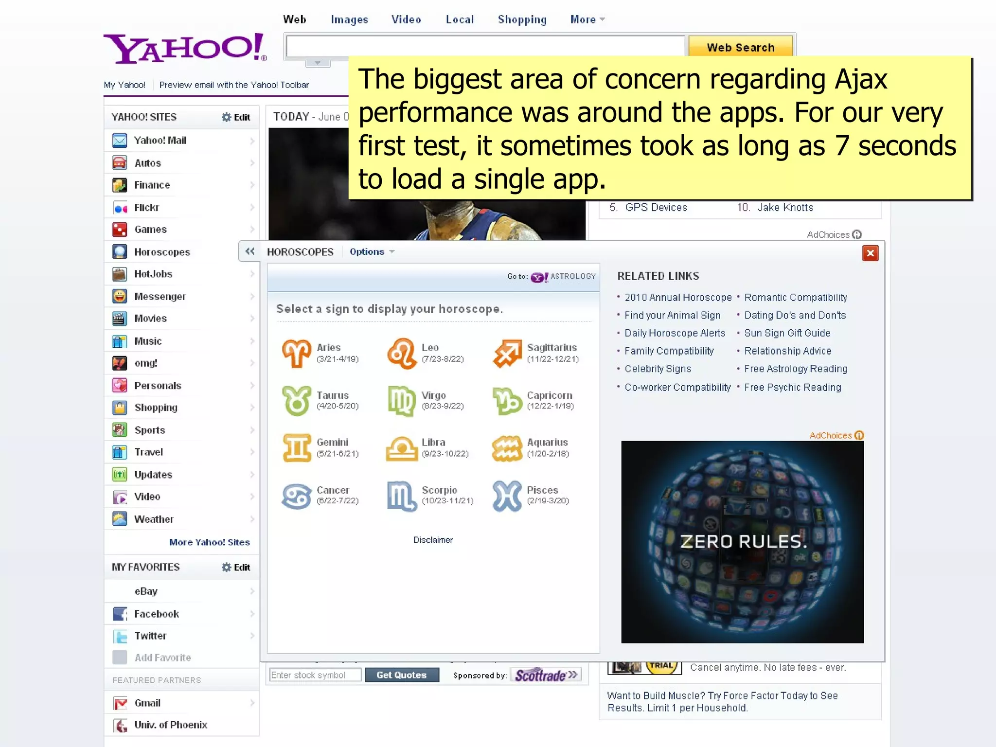 The biggest area of concern regarding Ajax
performance was around the apps. For our very
first test, it sometimes took as long as 7 seconds
to load a single app.
 