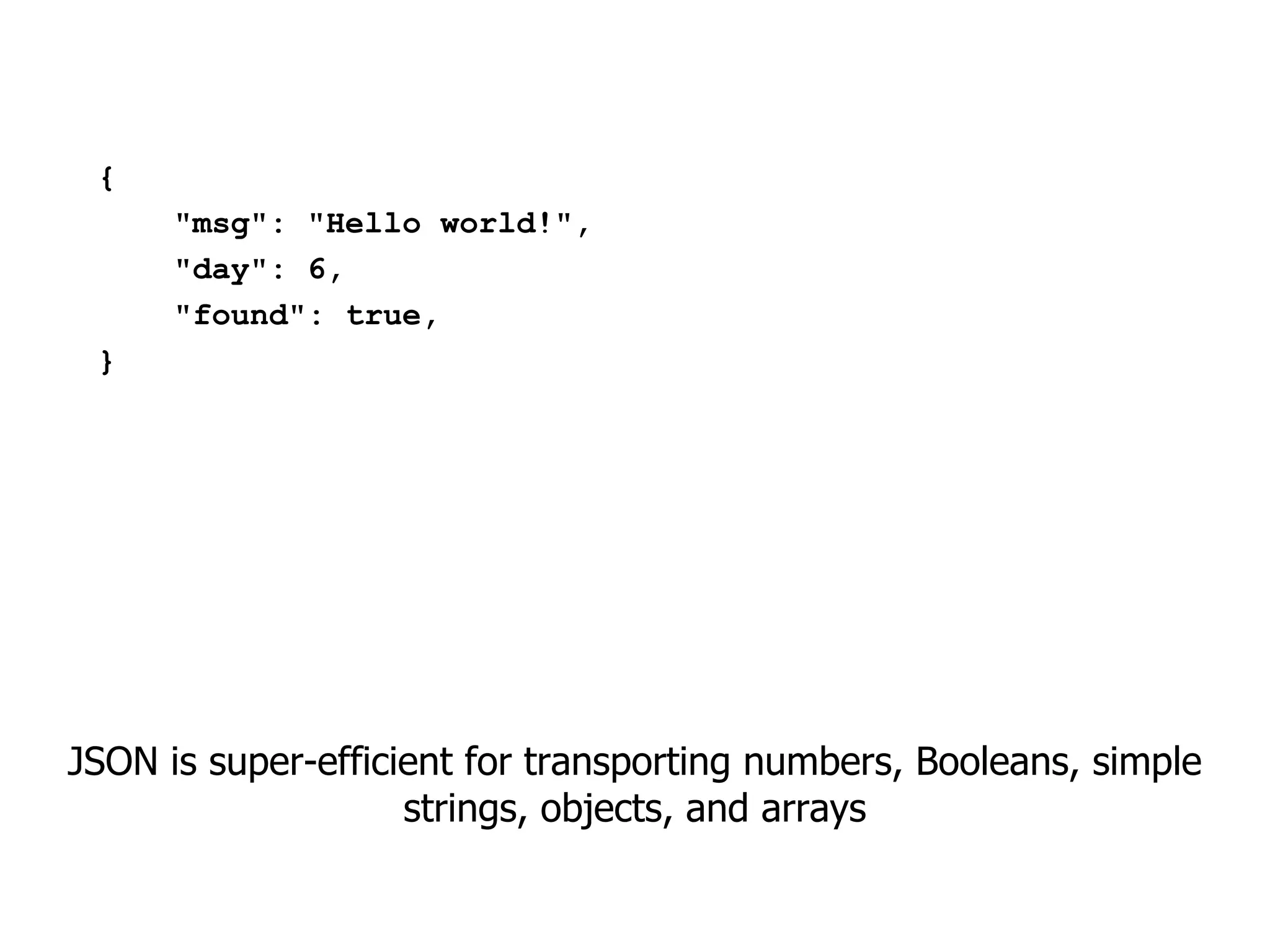 {
      "msg": "Hello world!",
      "day": 6,
      "found": true,
 }




JSON is super-efficient for transporting numbers, Booleans, simple
                    strings, objects, and arrays
 
