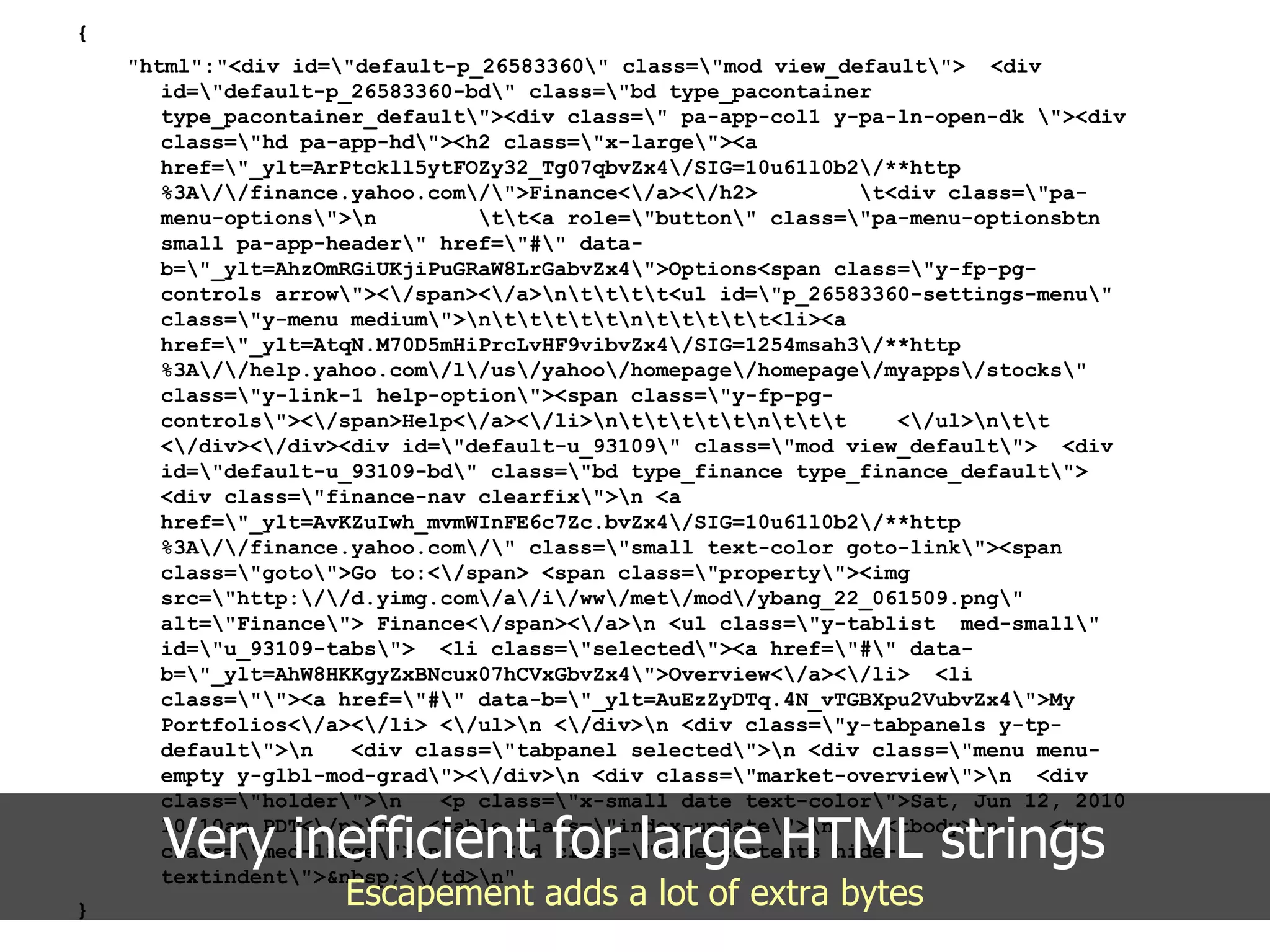 {
    "html":"<div id="default-p_26583360" class="mod view_default"> <div
       id="default-p_26583360-bd" class="bd type_pacontainer
       type_pacontainer_default"><div class=" pa-app-col1 y-pa-ln-open-dk "><div
       class="hd pa-app-hd"><h2 class="x-large"><a
       href="_ylt=ArPtckll5ytFOZy32_Tg07qbvZx4/SIG=10u61l0b2/**http
       %3A//finance.yahoo.com/">Finance</a></h2>         t<div class="pa-
       menu-options">n         tt<a role="button" class="pa-menu-optionsbtn
       small pa-app-header" href="#" data-
       b="_ylt=AhzOmRGiUKjiPuGRaW8LrGabvZx4">Options<span class="y-fp-pg-
       controls arrow"></span></a>ntttt<ul id="p_26583360-settings-menu"
       class="y-menu medium">ntttttnttttt<li><a
       href="_ylt=AtqN.M70D5mHiPrcLvHF9vibvZx4/SIG=1254msah3/**http
       %3A//help.yahoo.com/l/us/yahoo/homepage/homepage/myapps/stocks"
       class="y-link-1 help-option"><span class="y-fp-pg-
       controls"></span>Help</a></li>ntttttnttt      </ul>ntt
       </div></div><div id="default-u_93109" class="mod view_default"> <div
       id="default-u_93109-bd" class="bd type_finance type_finance_default">
       <div class="finance-nav clearfix">n <a
       href="_ylt=AvKZuIwh_mvmWInFE6c7Zc.bvZx4/SIG=10u61l0b2/**http
       %3A//finance.yahoo.com/" class="small text-color goto-link"><span
       class="goto">Go to:</span> <span class="property"><img
       src="http://d.yimg.com/a/i/ww/met/mod/ybang_22_061509.png"
       alt="Finance"> Finance</span></a>n <ul class="y-tablist med-small"
       id="u_93109-tabs"> <li class="selected"><a href="#" data-
       b="_ylt=AhW8HKKgyZxBNcux07hCVxGbvZx4">Overview</a></li> <li
       class=""><a href="#" data-b="_ylt=AuEzZyDTq.4N_vTGBXpu2VubvZx4">My
       Portfolios</a></li> </ul>n </div>n <div class="y-tabpanels y-tp-
       default">n   <div class="tabpanel selected">n <div class="menu menu-
       empty y-glbl-mod-grad"></div>n <div class="market-overview">n <div
       class="holder">n    <p class="x-small date text-color">Sat, Jun 12, 2010

      Very inefficient for large HTML strings
       10:10am PDT</p>n   <table class="index-update">n
       class="med-large">n
       textindent">&nbsp;</td>n"
                                                                 <tbody>n
                                   <td class="hide-contents hide-
                                                                                <tr


}
                     Escapement adds a lot of extra bytes
 
