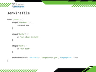 ©	2016	CloudBees,	Inc.		All	Rights	Reserved
Jenkinsfile
node('java8')	{	
stage('Checkout')	{	
checkout	scm	
}	
stage('Build')	{	
sh	'mvn	clean	install'	
}	
stage('Test')	{	
sh	'mvn	test'	
}	
archiveArtifacts	artifacts:	'target/**/*.jar',	fingerprint:	true	
}
 