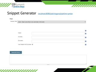©	2016	CloudBees,	Inc.		All	Rights	Reserved
Snippet Generator localhost:8080/job/niagara/pipeline-syntax
 