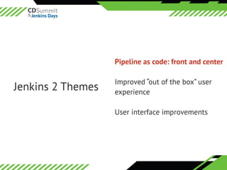 ©	2016	CloudBees,	Inc.		All	Rights	Reserved
Jenkins 2 Themes
Pipeline as code: front and center
Improved “out of the box” user
experience
User interface improvements
 