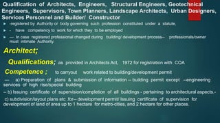 Qualification of Architects, Engineers, Structural Engineers, Geotechnical
Engineers, Supervisors, Town Planners, Landscap...