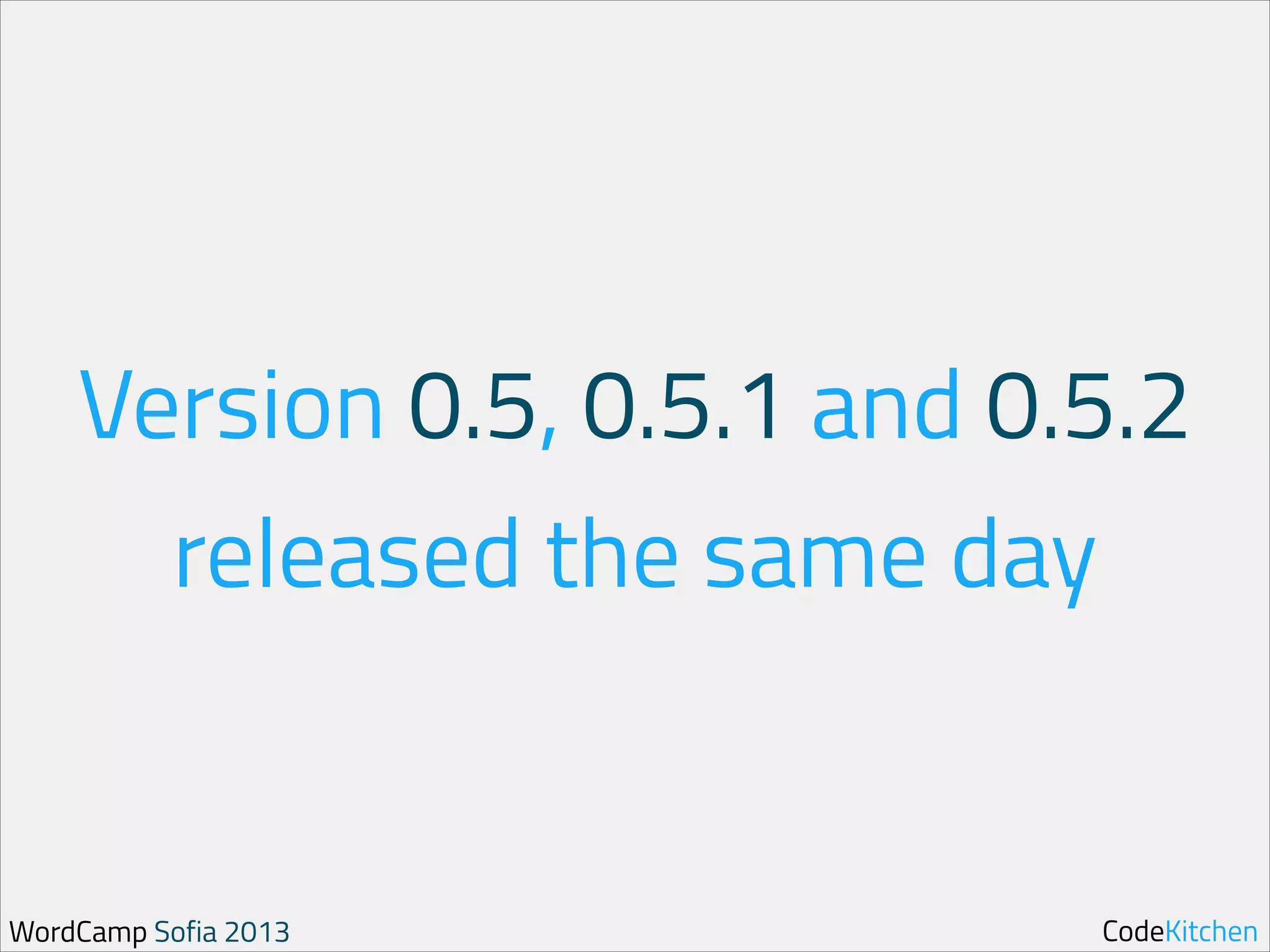 Version 0.5, 0.5.1 and 0.5.2
released the same day

WordCamp Sofia 2013

CodeKitchen

 
