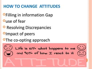 HOW TO CHANGE ATTITUDES
Filling in information Gap
use of fear
 Resolving Discrepancies
Impact of peers
The co-opting approach
 