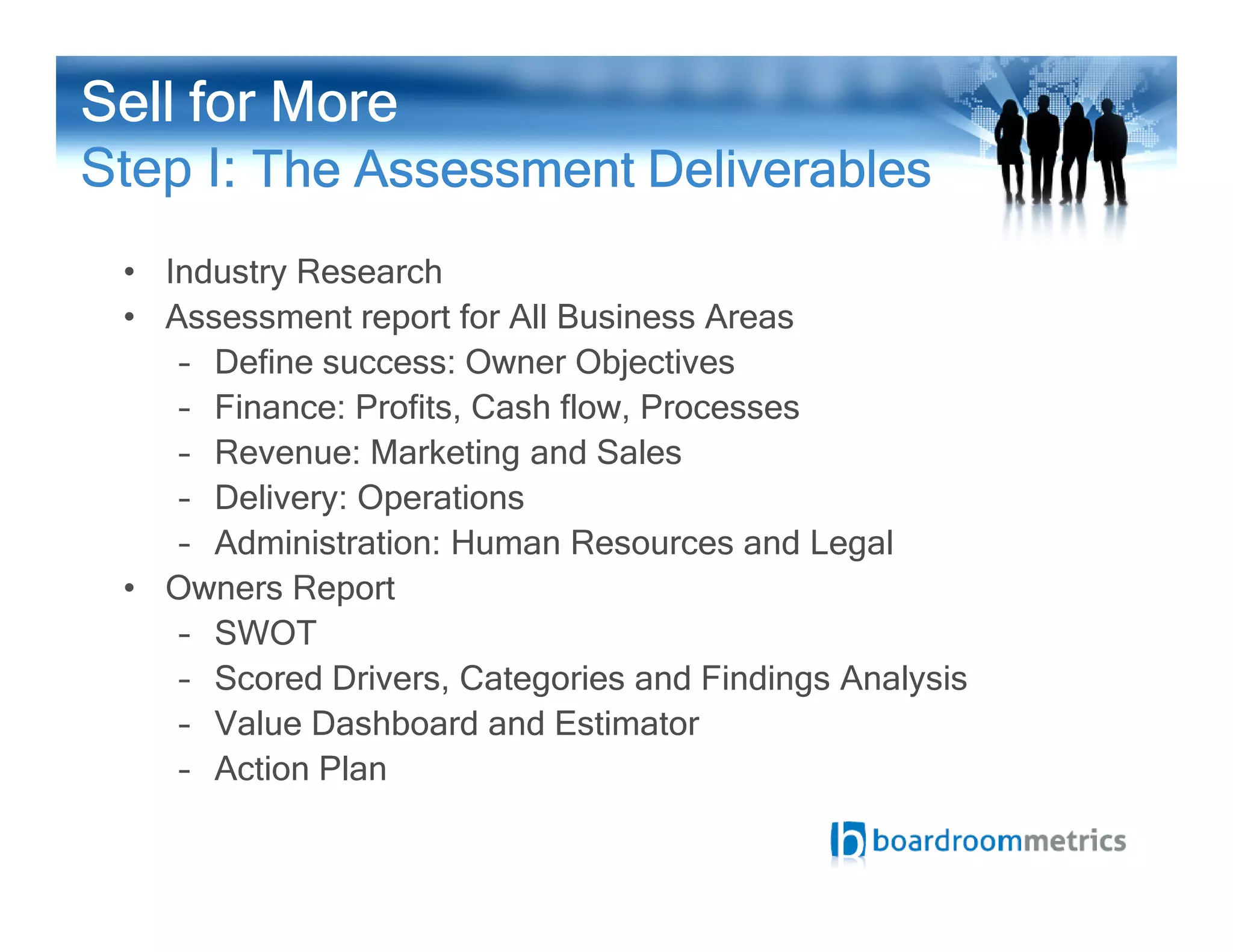 • Industry Research
• Assessment report for All Business Areas
– Define success: Owner Objectives
– Finance: Profits, Cash flow, Processes
– Revenue: Marketing and Sales
Sell for MoreSell for MoreSell for MoreSell for More
Step I:::: The Assessment DeliverablesThe Assessment DeliverablesThe Assessment DeliverablesThe Assessment Deliverables
– Delivery: Operations
– Administration: Human Resources and Legal
• Owners Report
– SWOT
– Scored Drivers, Categories and Findings Analysis
– Value Dashboard and Estimator
– Action Plan
 