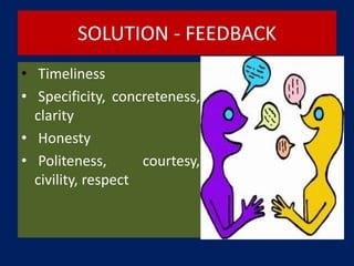 SOLUTION - FEEDBACK
• Timeliness
• Specificity, concreteness,
clarity
• Honesty
• Politeness, courtesy,
civility, respect
 