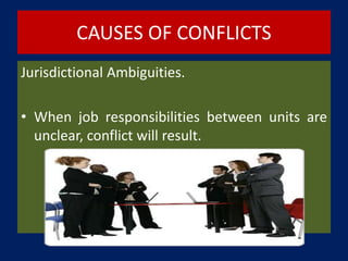 CAUSES OF CONFLICTS
Jurisdictional Ambiguities.
• When job responsibilities between units are
unclear, conflict will result.
 
