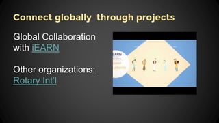 Connect globally through projects
Global Collaboration
with iEARN
Other organizations:
Rotary Int’l
 