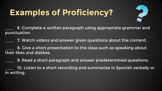 Examples of Proficiency?
___ 6. Complete a written paragraph using appropriate grammar and
punctuation.
___ 7. Watch video...