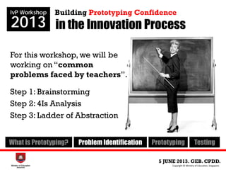 in the Innovation Process
For this workshop, we will be
working on “common
problems faced by teachers”.
Step 1: Brainstorming
Step 2: 4Is Analysis
Step 3: Ladder of Abstraction
5 JUNE 2013. GEB. CPDD.
IvP Workshop
2013
Copyright © Ministry of Education, Singapore.
Building Prototyping Confidence
What is Prototyping? Problem Identification Prototyping Testing
 