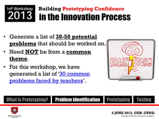 in the Innovation Process
5 JUNE 2013. GEB. CPDD.
IvP Workshop
2013
Copyright © Ministry of Education, Singapore.
Building Prototyping Confidence
What is Prototyping? Problem Identification Prototyping Testing
• Generate a list of 30-50 potential
problems that should be worked on.
• Need NOT be from a common
theme.
• For this workshop, we have
generated a list of ‘30 common
problems faced by teachers’.
 
