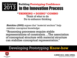 Developing Prototyping Know-how
in the Innovation Process
5 JUNE 2013. GEB. CPDD.
IvP Workshop
2013
Copyright © Ministry of Education, Singapore.
Building Prototyping Confidence
“THINKING + DOING” COMBO
Think of what to do
Do to enhance thinking
Hutchins (2005) argues that “material anchors” help
stabilise conceptual knowledge:
“Reasoning processes require stable
representations of constraints. ..The association
of conceptual structure with material structure
can stabilise conceptual representation.”
 