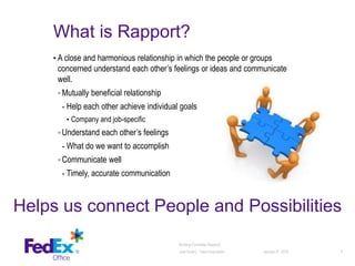 What is Rapport?
• A close and harmonious relationship in which the people or groups
concerned understand each other’s feelings or ideas and communicate
well.
◦ Mutually beneficial relationship
- Help each other achieve individual goals
• Company and job-specific
◦ Understand each other’s feelings
- What do we want to accomplish
◦ Communicate well
- Timely, accurate communication
January 27, 2016 4
Building Candidate Rapport│
Julie Smith│ Talent Acquisition
Helps us connect People and Possibilities
 