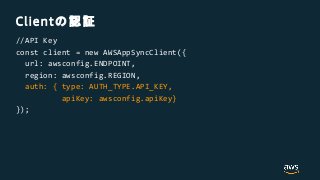 Client
//API Key
const client = new AWSAppSyncClient({
url: awsconfig.ENDPOINT,
region: awsconfig.REGION,
auth: { type: AUTH_TYPE.API_KEY,
apiKey: awsconfig.apiKey}
});
 