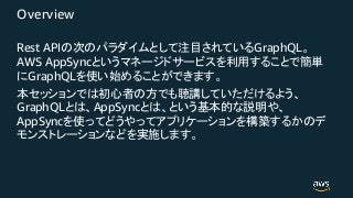 Overview
Rest API GraphQL
AWS AppSync
GraphQL
GraphQL AppSync
AppSync
 