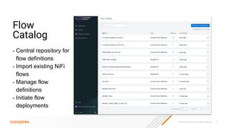 © 2023 Cloudera, Inc. All rights reserved. 31
Flow
Catalog
• Central repository for
flow definitions
• Import existing NiFi
flows
• Manage flow
definitions
• Initiate flow
deployments
 