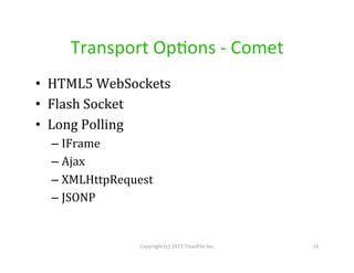 Transport	
  Op4ons	
  -­‐	
  Comet	
  
•  HTML5	
  WebSockets	
  
•  Flash	
  Socket	
  
•  Long	
  Polling	
  
–  IFrame	
  
–  Ajax	
  
–  XMLHttpRequest	
  
–  JSONP	
  

Copyright	
  (c)	
  2013	
  TitanFile	
  Inc.	
  

16	
  

 