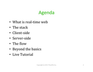 Agenda	
  
• 
• 
• 
• 
• 
• 
• 

What	
  is	
  real-­‐time	
  web	
  
The	
  stack	
  
Client-­‐side	
  
Server-­‐side	
  
The	
  Flow	
  
Beyond	
  the	
  basics	
  
Live	
  Tutorial	
  
Copyright	
  (c)	
  2013	
  TitanFile	
  Inc.	
  

2	
  

 