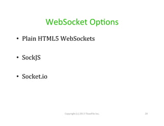 WebSocket	
  Op4ons	
  
•  Plain	
  HTML5	
  WebSockets	
  
	
  
•  SockJS	
  
•  Socket.io	
  

Copyright	
  (c)	
  2013	
  TitanFile	
  Inc.	
  

20	
  

 