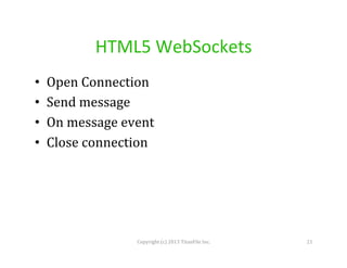 HTML5	
  WebSockets	
  
• 
• 
• 
• 

Open	
  Connection	
  
Send	
  message	
  
On	
  message	
  event	
  
Close	
  connection	
  

Copyright	
  (c)	
  2013	
  TitanFile	
  Inc.	
  

21	
  

 