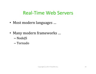 Real-­‐Time	
  Web	
  Servers	
  
•  Most	
  modern	
  languages	
  …	
  
•  Many	
  modern	
  frameworks	
  …	
  
–  NodeJS	
  
–  Tornado	
  

Copyright	
  (c)	
  2013	
  TitanFile	
  Inc.	
  

25	
  

 
