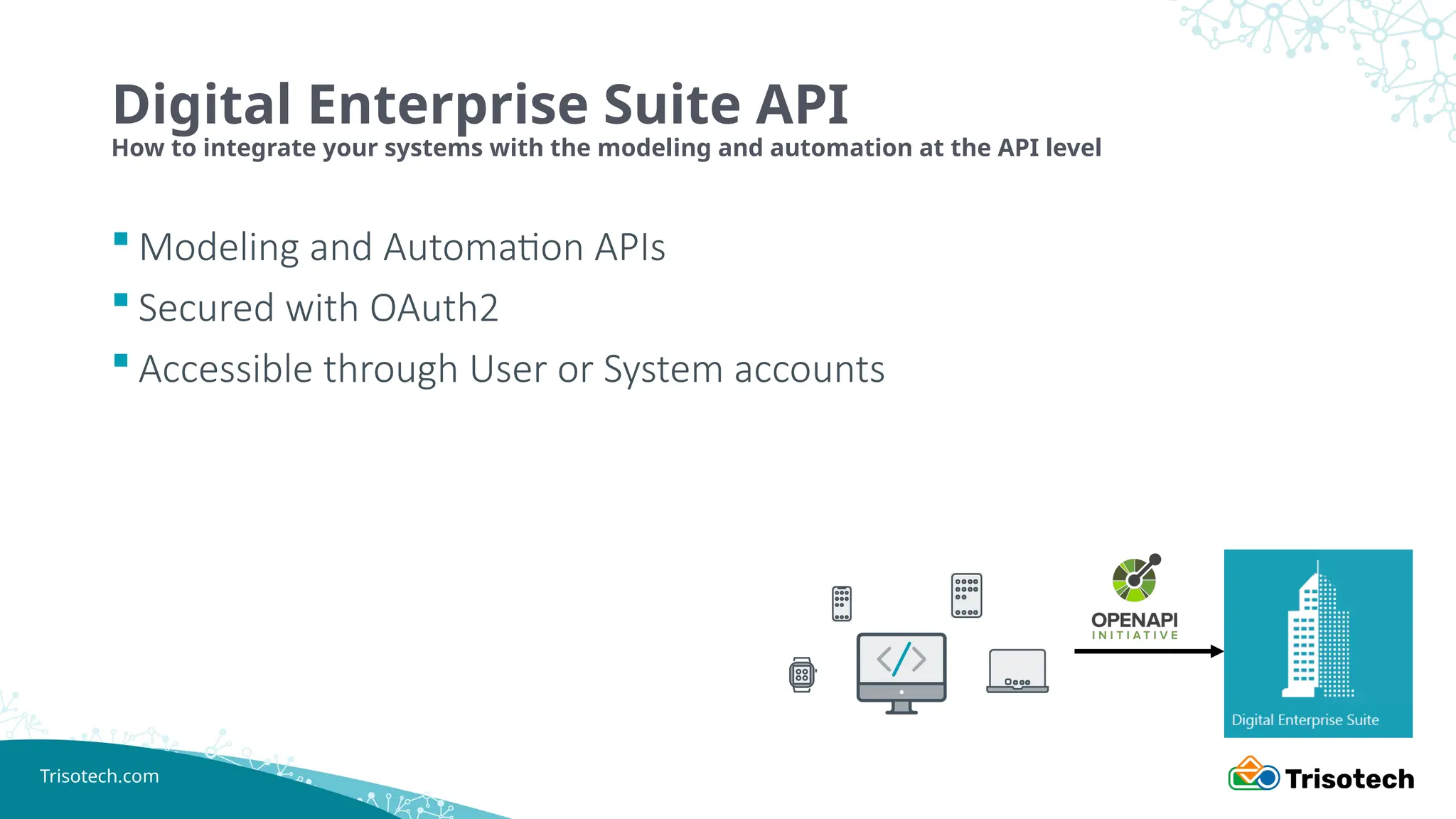 Trisotech.com
 Modeling and Automation APIs
 Secured with OAuth2
 Accessible through User or System accounts
Digital Enterprise Suite API
How to integrate your systems with the modeling and automation at the API level
 