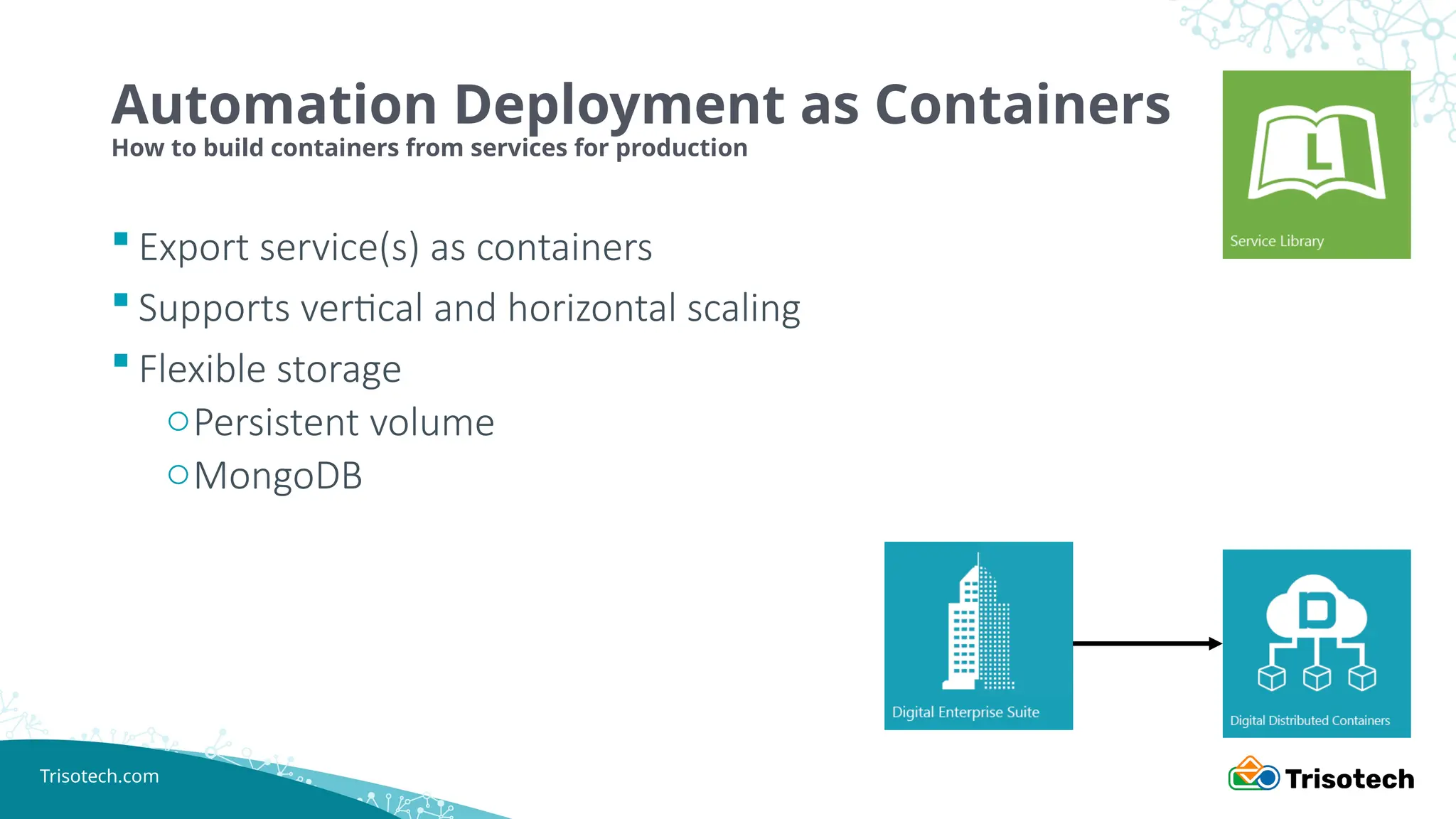 Trisotech.com
 Export service(s) as containers
 Supports vertical and horizontal scaling
 Flexible storage
oPersistent volume
oMongoDB
Automation Deployment as Containers
How to build containers from services for production
 