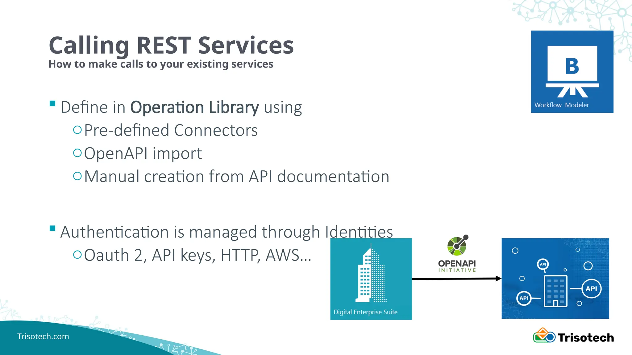 Trisotech.com
Calling REST Services
How to make calls to your existing services
 Define in Operation Library using
oPre-defined Connectors
oOpenAPI import
oManual creation from API documentation
 Authentication is managed through Identities
oOauth 2, API keys, HTTP, AWS…
 