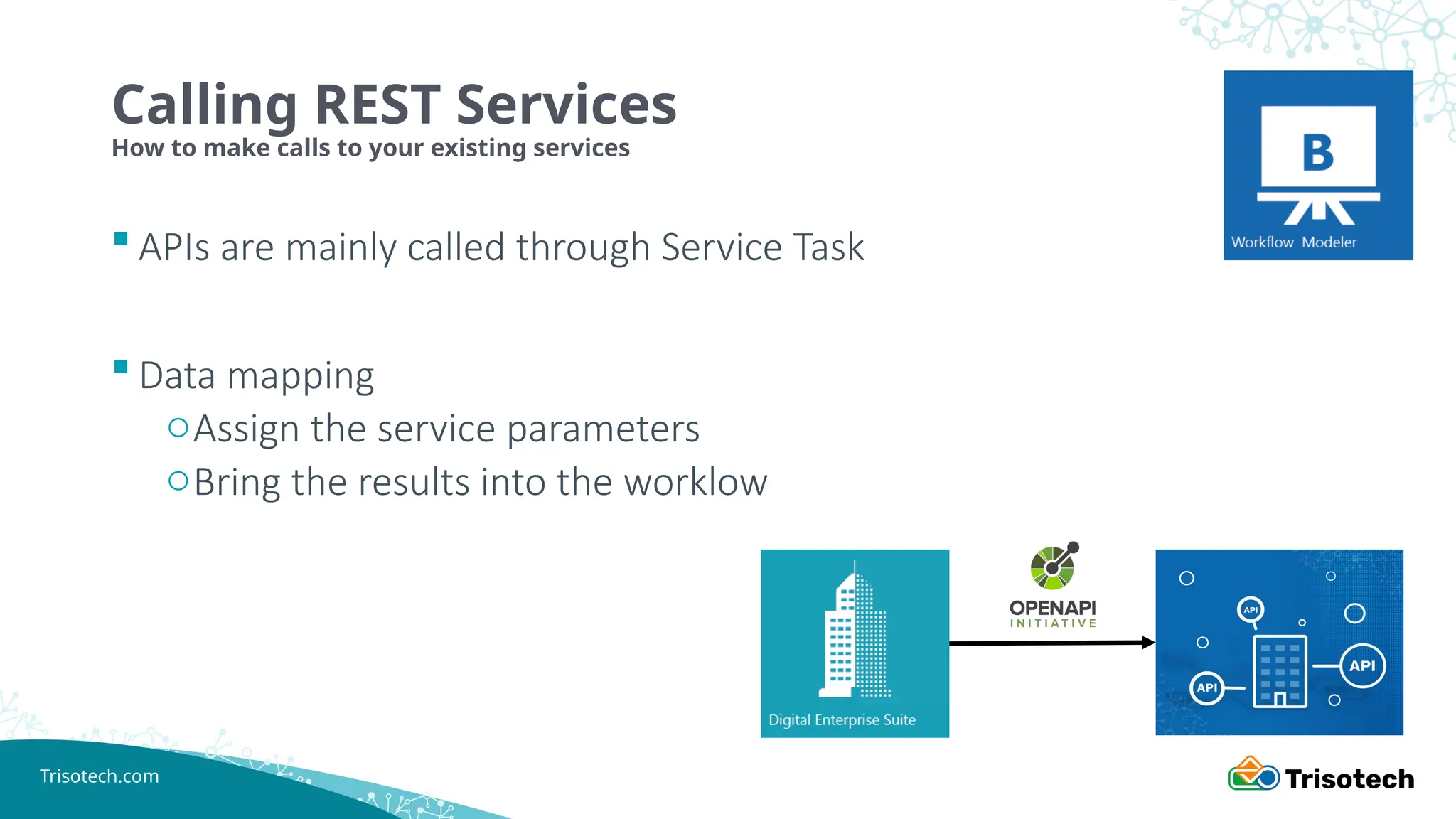 Trisotech.com
Calling REST Services
How to make calls to your existing services
 APIs are mainly called through Service Task
 Data mapping
oAssign the service parameters
oBring the results into the worklow
 