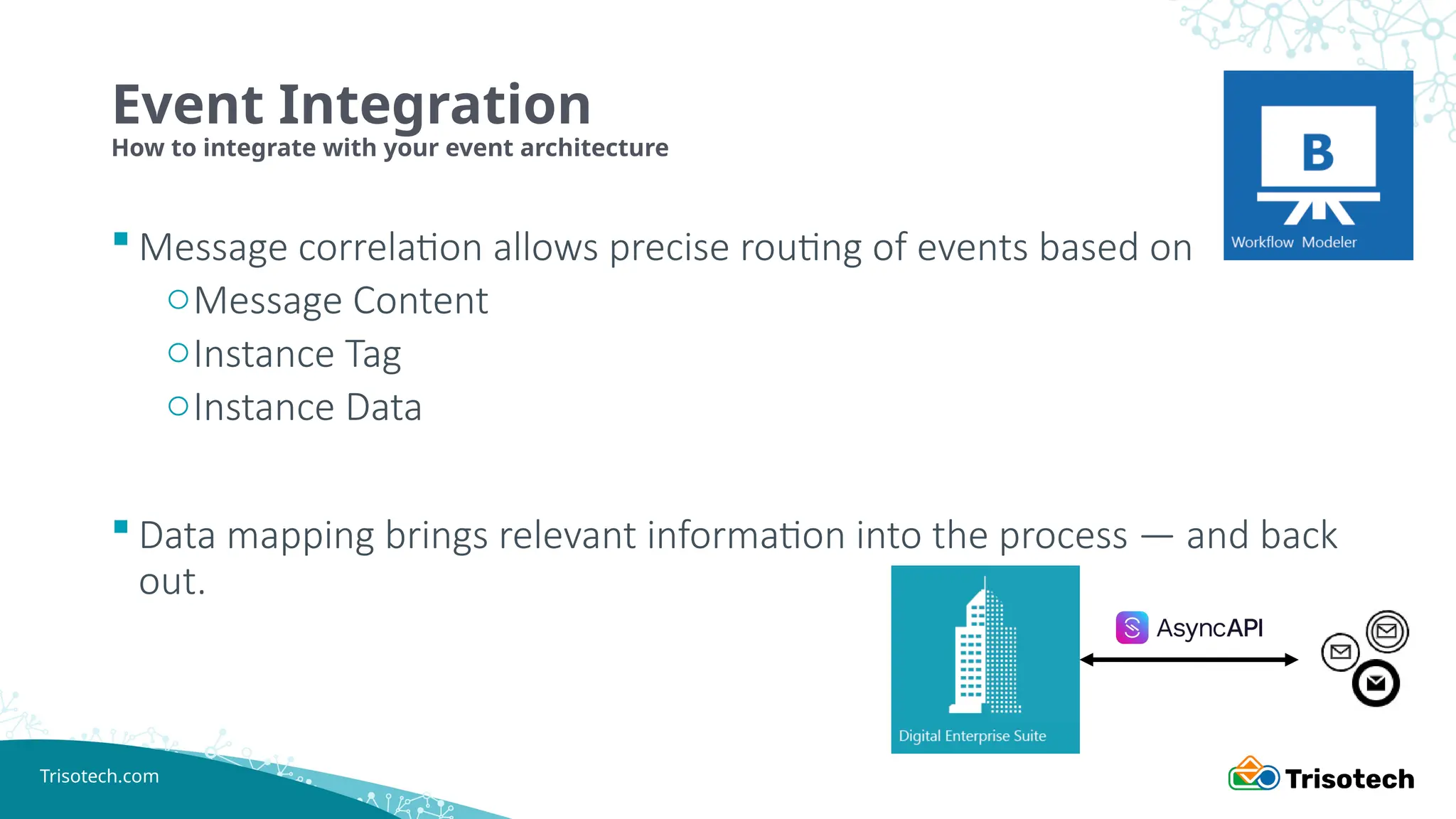Trisotech.com
Event Integration
How to integrate with your event architecture
 Message correlation allows precise routing of events based on
oMessage Content
oInstance Tag
oInstance Data
 Data mapping brings relevant information into the process — and back
out.
 