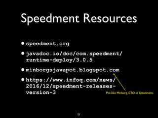 21
Speedment Resources
•speedment.org
•javadoc.io/doc/com.speedment/
runtime-deploy/3.0.5
•minborgsjavapot.blogspot.com
•https://www.infoq.com/news/
2016/12/speedment-releases-
version-3 Per-Åke Minborg, CTO at Speedment
 