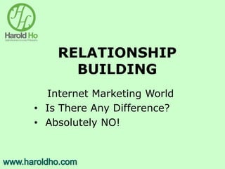 RELATIONSHIP
BUILDING
Internet Marketing World
• Is There Any Difference?
• Absolutely NO!
 