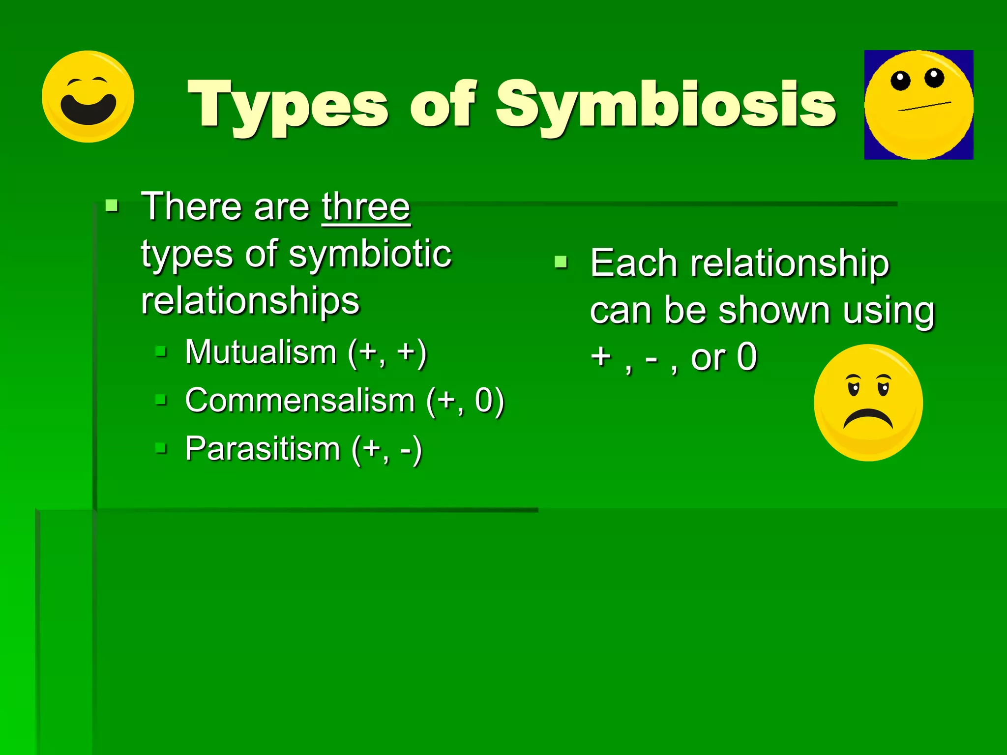 Types of Symbiosis
 There are three
types of symbiotic
relationships
 Mutualism (+, +)
 Commensalism (+, 0)
 Parasitism (+, -)
 Each relationship
can be shown using
+ , - , or 0
 