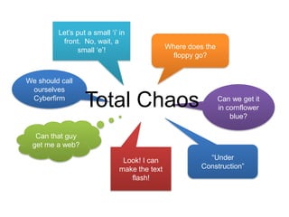 Let’s put a small ‘i’ in front.  No, wait, a small ‘e’!Where does the floppy go?We should call ourselves CyberfirmCan we get it in cornflower blue?Total ChaosCan that guy get me a web?“Under Construction”Look! I can make the text flash!