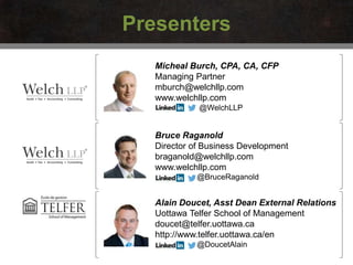 Presenters
Micheal Burch, CPA, CA, CFP
Managing Partner
mburch@welchllp.com
www.welchllp.com
@WelchLLP
Alain Doucet, Asst Dean External Relations
Uottawa Telfer School of Management
doucet@telfer.uottawa.ca
http://www.telfer.uottawa.ca/en
@DoucetAlain
Bruce Raganold
Director of Business Development
braganold@welchllp.com
www.welchllp.com
@BruceRaganold
 