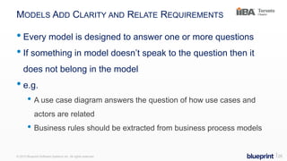 MODELS ADD CLARITY AND RELATE REQUIREMENTS
• Every model is designed to answer one or more questions
• If something in model doesn’t speak to the question then it
does not belong in the model
• e.g.
• A use case diagram answers the question of how use cases and
actors are related
• Business rules should be extracted from business process models
© 2015 Blueprint Software Systems Inc. All rights reserved. ⎢26
 