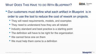WHAT DOES THIS HAVE TO DO WITH BLUEPRINT?
• Our customers must define what each artifact in Blueprint is in
order to use the tool to reduce the cost of rework on projects.
• They will need requirements, models, and examples
• They need to understand how they are all related
• Industry standard and best practice is a starting point
• The definition will have to be right for the organization
• We cannot force one on them
• We must help them come to a definition
© 2015 Blueprint Software Systems Inc. All rights reserved. ⎢39
 