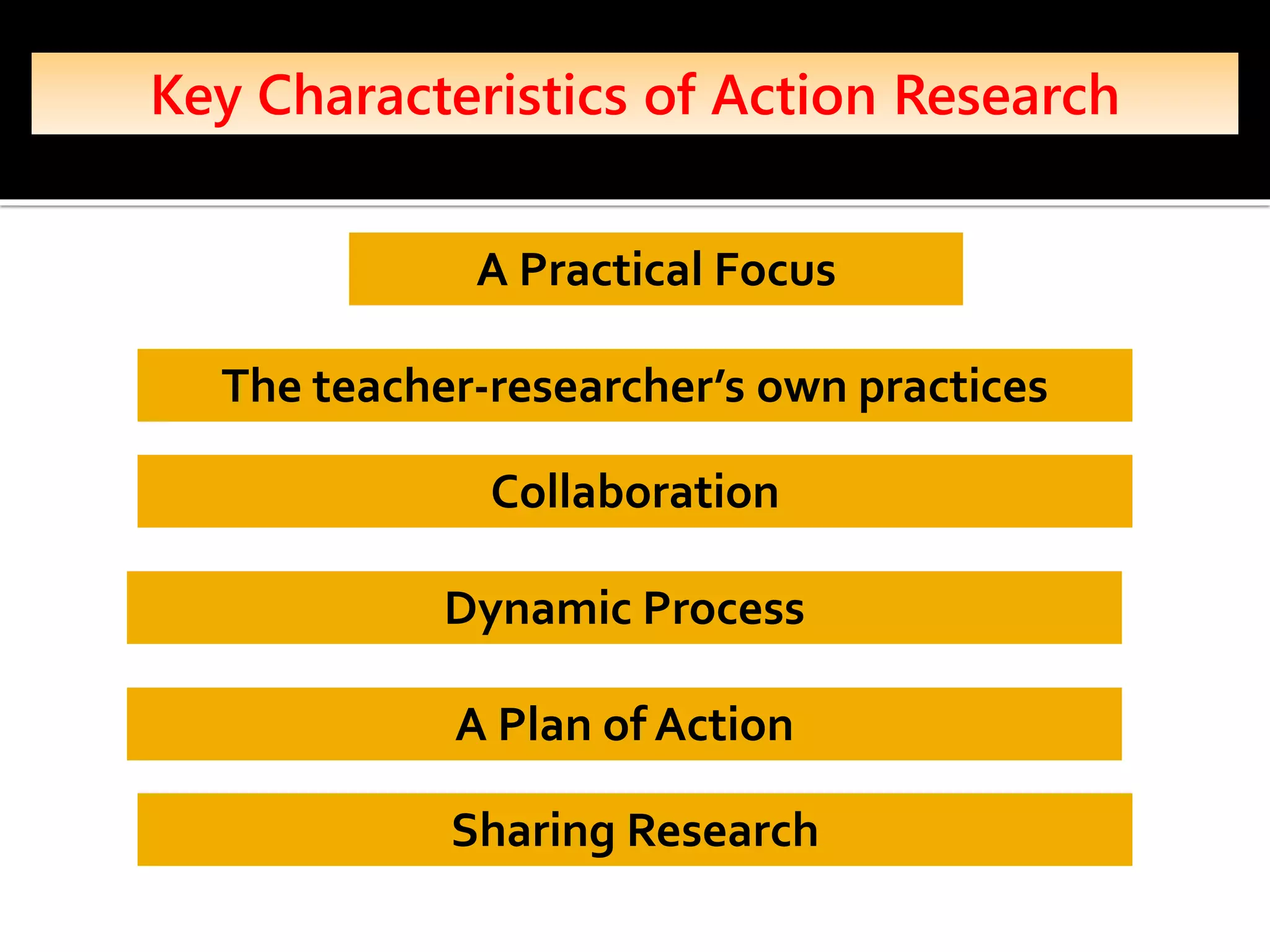 Key Characteristics of Action Research
A Practical Focus
The teacher-researcher’s own practices
Collaboration
Dynamic Process
A Plan of Action
Sharing Research
 