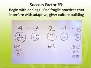 Success	
  Factor	
  #3:	
  	
  	
  	
  
Begin	
  with	
  endings!	
  	
  End	
  fragile	
  prac1ces	
  that	
  
interfere...