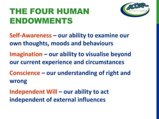 THE FOUR HUMAN
ENDOWMENTS
Self-Awareness – our ability to examine our
own thoughts, moods and behaviours
Imagination – our ability to visualise beyond
our current experience and circumstances
Conscience – our understanding of right and
wrong
Independent Will – our ability to act
independent of external influences
 