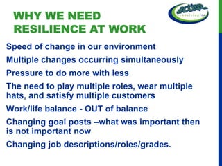 WHY WE NEED
 RESILIENCE AT WORK
Speed of change in our environment
Multiple changes occurring simultaneously
Pressure to do more with less
The need to play multiple roles, wear multiple
hats, and satisfy multiple customers
Work/life balance - OUT of balance
Changing goal posts –what was important then
is not important now
Changing job descriptions/roles/grades.
 