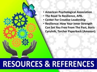 ● American Psychological Association
● The Road To Resilience, APA.
● Center For Creative Leadership
● Resilience Quiz (Mindtools)
● Developing Resilience (Mindtools)
● Books by Boris Cyrulnik (Wikipedia).
 