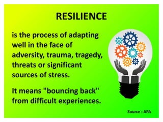 is the process of adapting
well in the face of
adversity, trauma, tragedy,
threats or significant
sources of stress.
It means "bouncing back"
from difficult experiences.
RESILIENCE
Source : APA
 