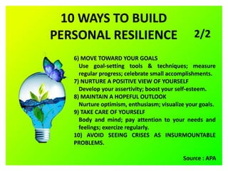 10 WAYS TO BUILD
PERSONAL RESILIENCE
6) MOVE TOWARD YOUR GOALS
Use goal-setting tools & techniques; measure
regular progress; celebrate small accomplishments.
7) NURTURE A POSITIVE VIEW OF YOURSELF
Develop your assertivity; boost your self-esteem.
8) MAINTAIN A HOPEFUL OUTLOOK
Nurture optimism, enthusiasm; visualize your goals.
9) TAKE CARE OF YOURSELF
Body and mind; pay attention to your needs and
feelings; exercize regularly.
10) AVOID SEEING CRISES AS INSURMOUNTABLE
PROBLEMS.
Source : APA
2/2
 